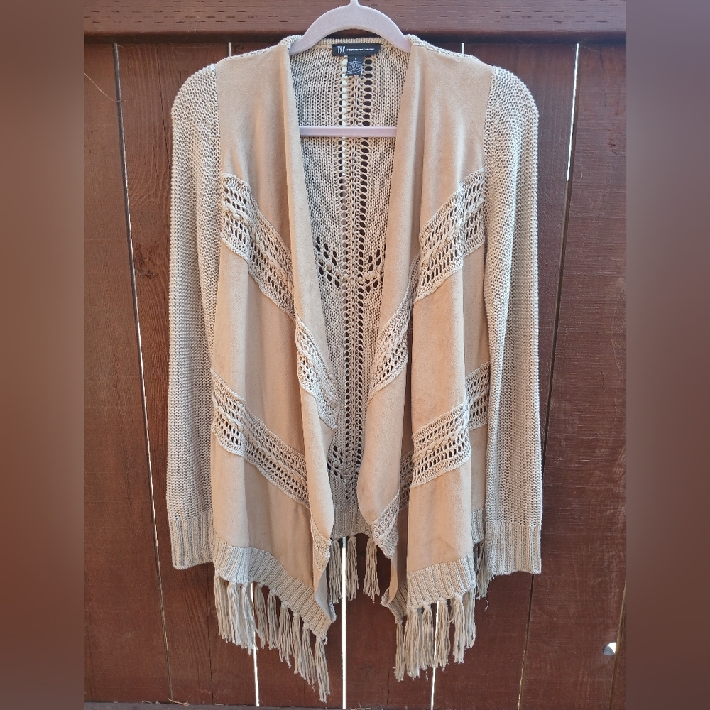 INC International Concepts Boho Faux Suede & Crochet Fringe Cardigan S